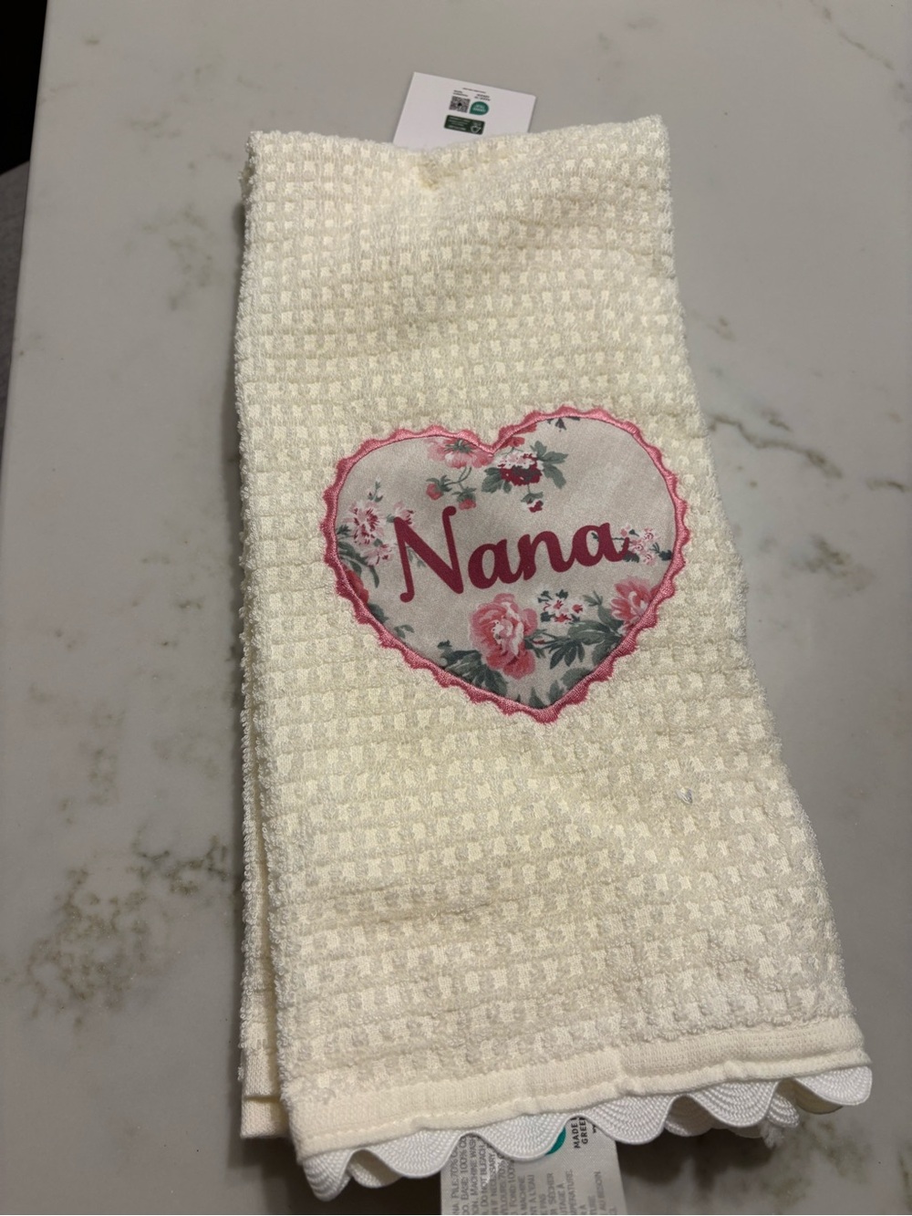 Nana Embroidered Heart Cream Waffle Weave Hand Towel